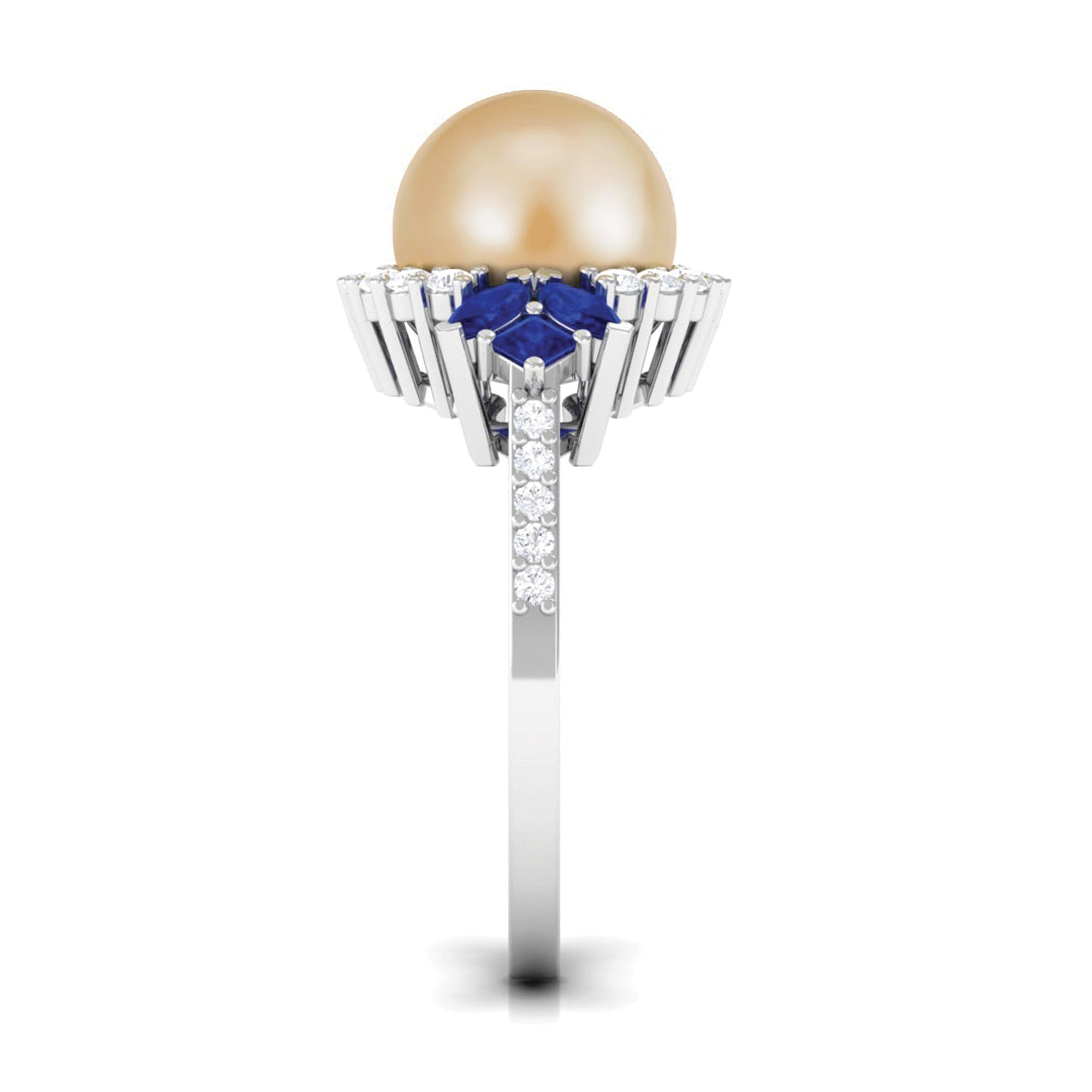 Golden Pearl Cocktail Halo Ring with Sapphire and Diamond South Sea Pearl-AAAA Quality - Arisha Jewels