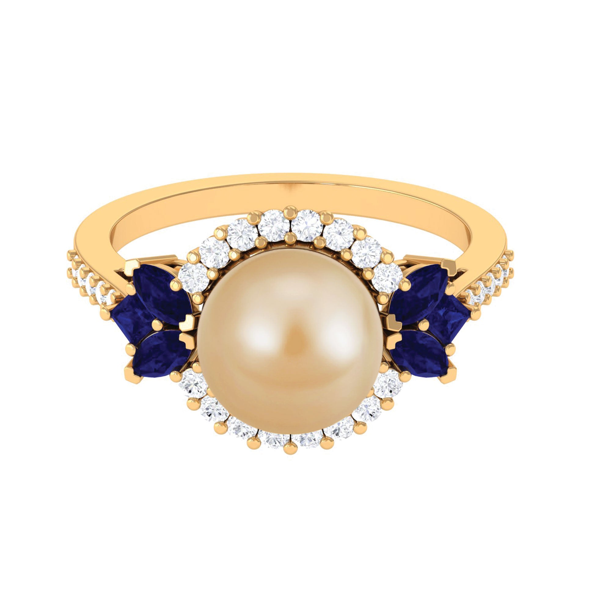 Golden Pearl Cocktail Halo Ring with Sapphire and Diamond South Sea Pearl-AAAA Quality - Arisha Jewels