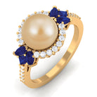 Golden Pearl Cocktail Halo Ring with Sapphire and Diamond South Sea Pearl-AAAA Quality - Arisha Jewels