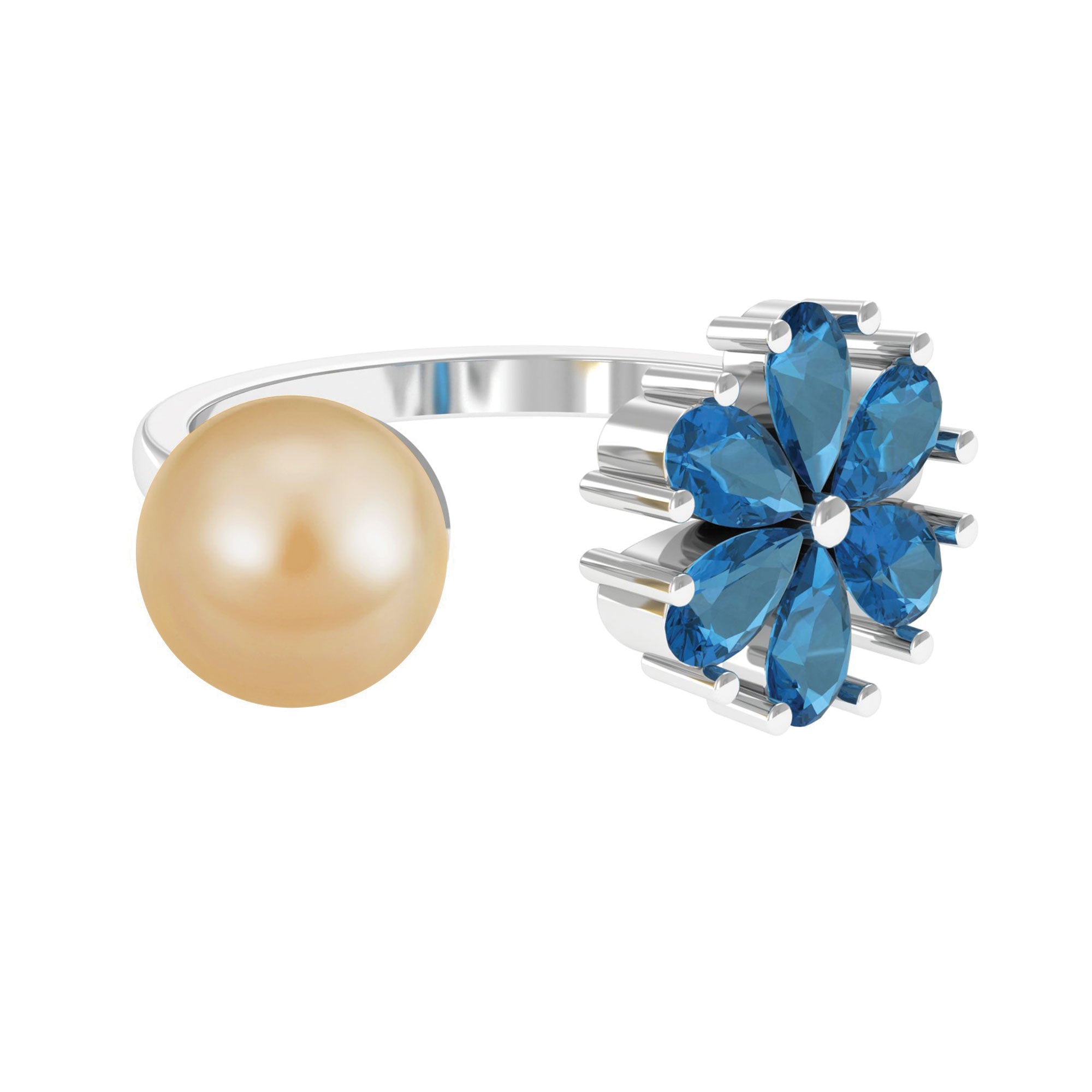 Nature Inspired South Sea Pearl Cuff Ring with Blue Topaz Flower South Sea Pearl-AAAA Quality - Arisha Jewels