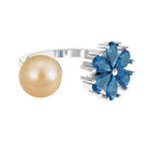 Nature Inspired South Sea Pearl Cuff Ring with Blue Topaz Flower South Sea Pearl-AAA Quality - Arisha Jewels