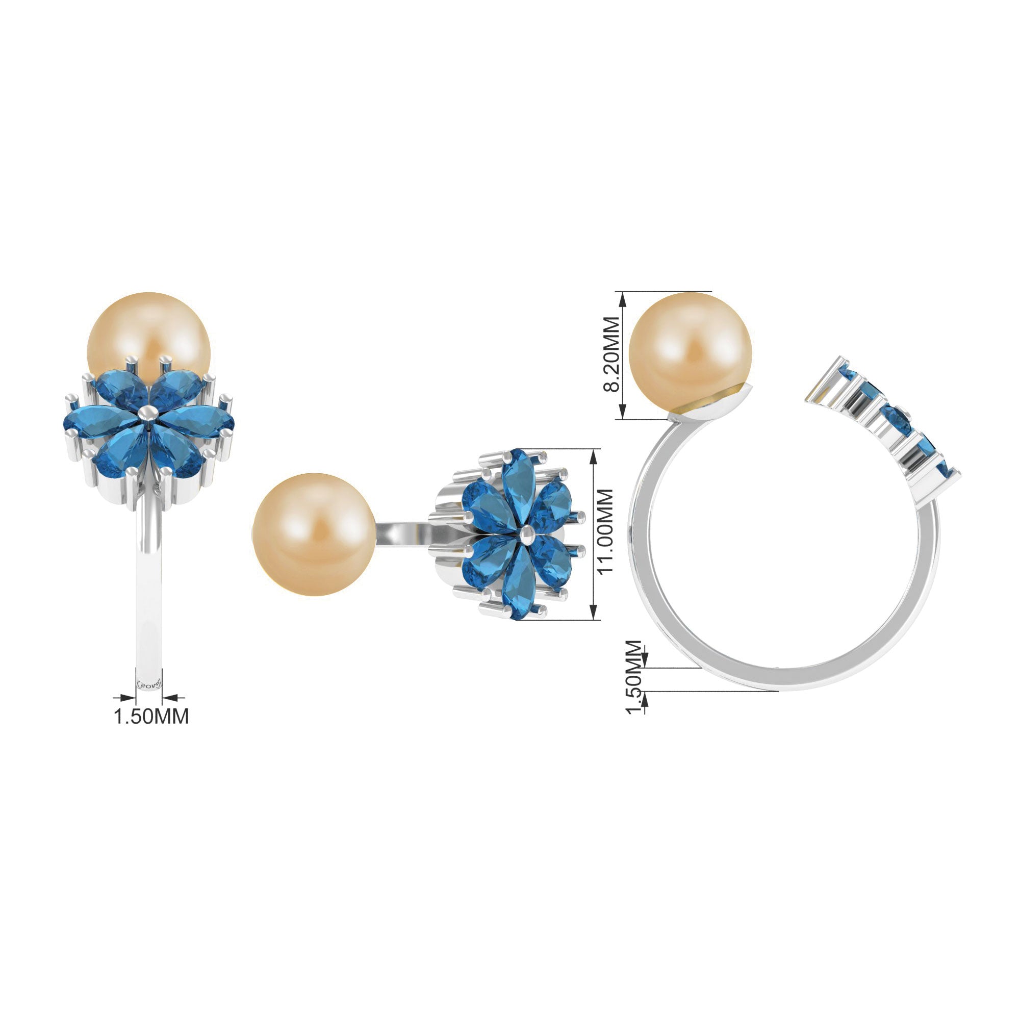 Nature Inspired South Sea Pearl Cuff Ring with Blue Topaz Flower South Sea Pearl-AAA Quality - Arisha Jewels