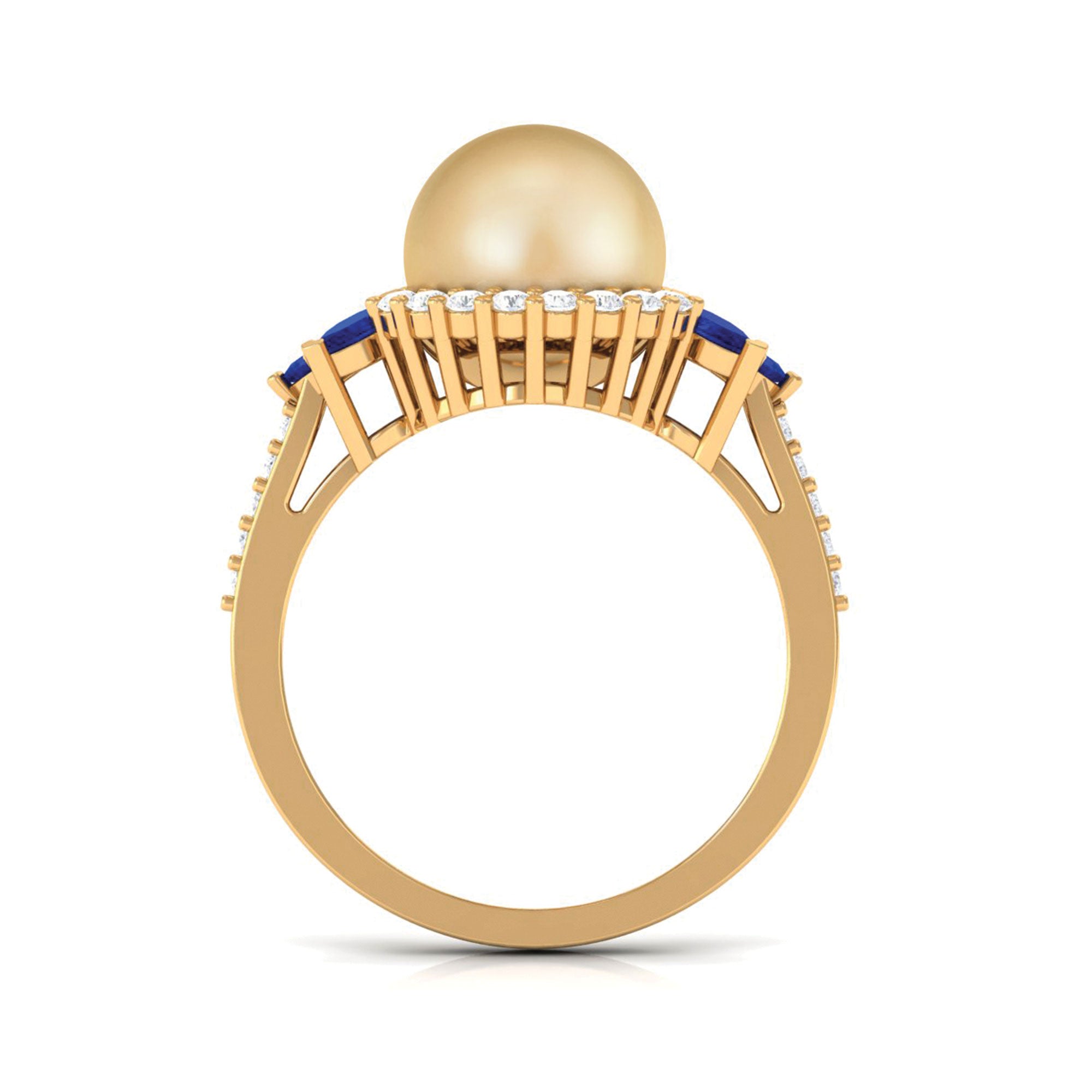 Golden Pearl Cocktail Halo Ring with Sapphire and Diamond South Sea Pearl-AAA Quality - Arisha Jewels