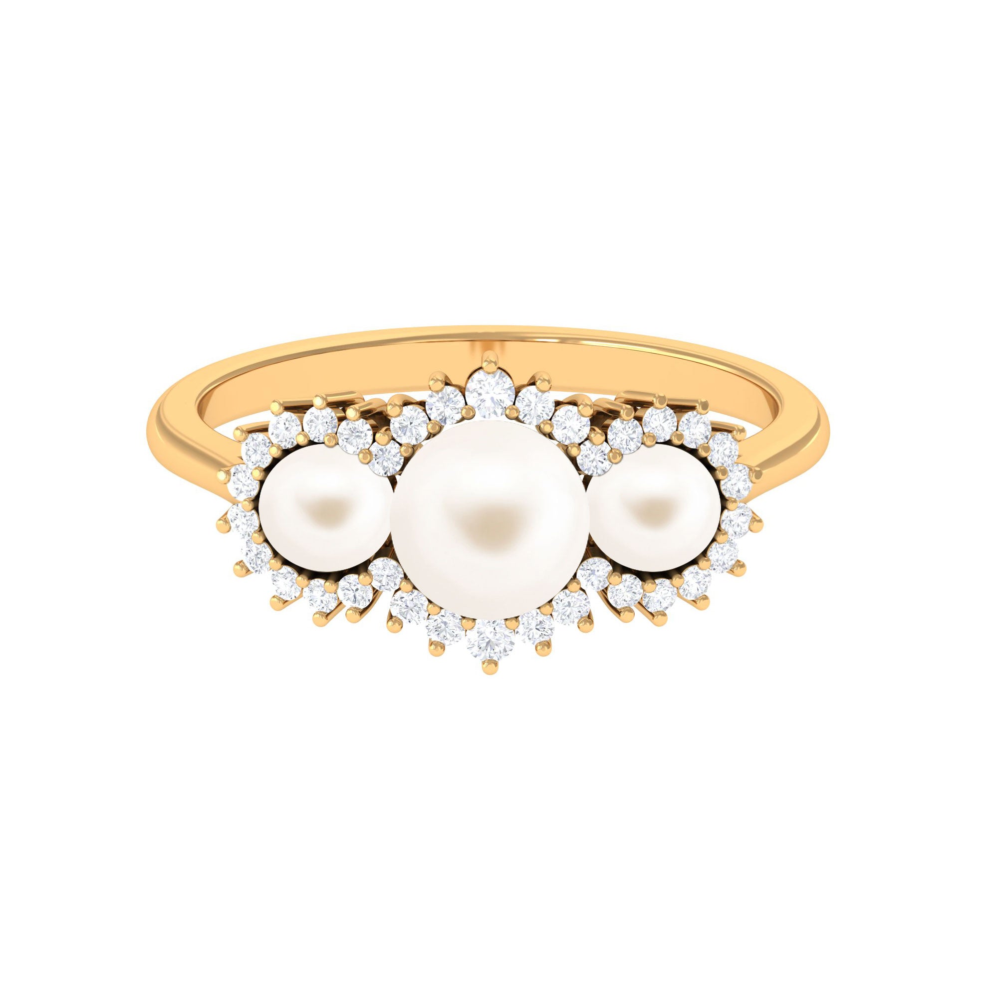 Classic Freshwater Pearl 3 Stone Engagement Ring with Diamond Freshwater Pearl-AAA Quality - Arisha Jewels